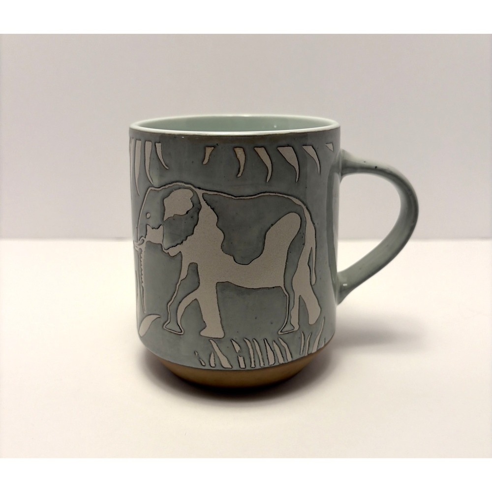 Pier One Imports Elephant Coffee Tea Cup Mug Safari Stoneware Green